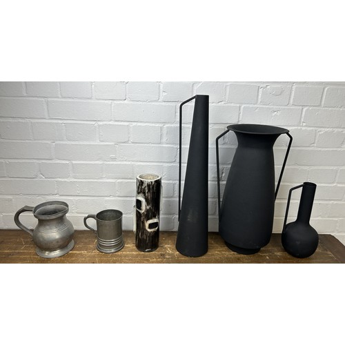 1249 - A SET OF FOUR BLACK POLSPOTTEN ROMAN STYLE VASES ALONG WITH TWO PEWTER TANKARDS AND A STUDIO CERAMIC... 