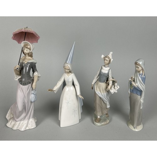 1253 - FOUR LLADRO STATUETTES (4) Lady with basket of flowers, lady with parasol, lady holding lilies, fair... 