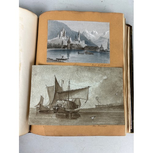 510 - A RARE COLLECTION OF 19TH CENTURY WATERCOLOURS AND DRAWINGS IN A SCRAP BOOK BELONGING TO A RELATIVE ... 