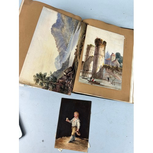 510 - A RARE COLLECTION OF 19TH CENTURY WATERCOLOURS AND DRAWINGS IN A SCRAP BOOK BELONGING TO A RELATIVE ... 