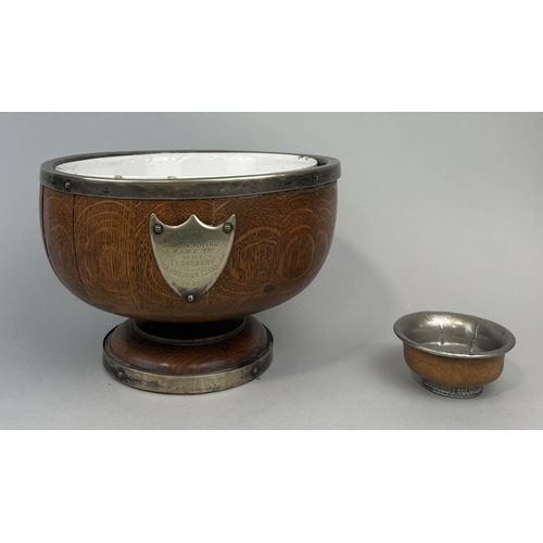 116 - A LARGE EARLY 20TH CENTURY WOODEN PRESENTATION BOWL WITH METAL MOUNTS ALONG WITH A SMALL SILVER MOUN... 