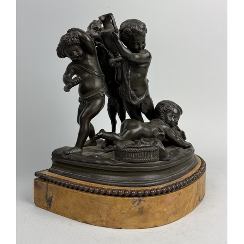 14 - A FRENCH BRONZE ALLEGORY OF FORTUNE BY SEVRES
18cm x 15cm x 11cm
Mounted on a yellow variegataed mar... 