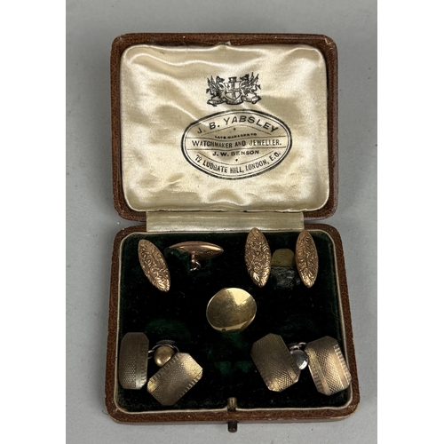 143 - TWO PAIRS OF 10CT GOLD CUFFLINKS, AN 18 CT GOLD PIN, AND TWO PAIRS OF SILVER CUFFLINKS
All housed in... 