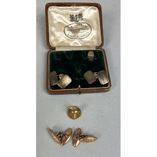 143 - TWO PAIRS OF 10CT GOLD CUFFLINKS, AN 18 CT GOLD PIN, AND TWO PAIRS OF SILVER CUFFLINKS
All housed in... 