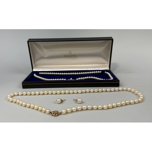 151 - A STRING OF MIKIMOTO PEARLS ALONG WITH A PEARL NECKLACE AND EARRINGS SET WITH 9CT GOLD CLASP
The Mik... 