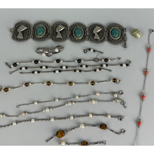 183 - SILVER AND WHITE METAL JEWELLERY TO INCLUE EGYPTIAN REVIVAL WITH SCARAB BEETLES