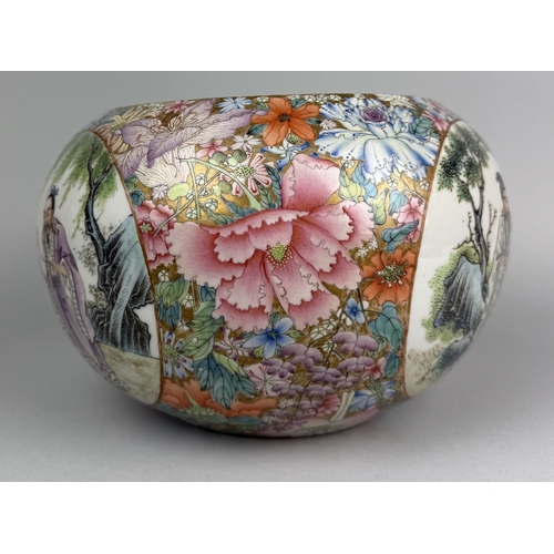 196 - A CHINESE REPUBLIC PERIOD MILLEFLEUR ENAMELLED BOWL
With three oval panels painted with three figure... 