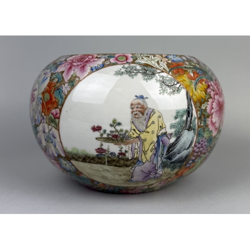 196 - A CHINESE REPUBLIC PERIOD MILLEFLEUR ENAMELLED BOWL
With three oval panels painted with three figure... 