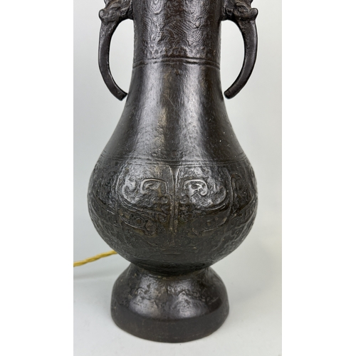 197 - A LARGE CHINESE ARCHAISTIC BRONZE VASE, SONG DYNASTY
Adapted for a table lamp.
Vase 37cm H... 