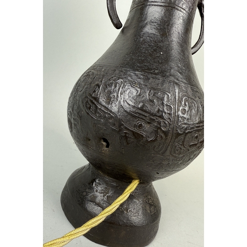 197 - A LARGE CHINESE ARCHAISTIC BRONZE VASE, SONG DYNASTY
Adapted for a table lamp.
Vase 37cm H... 