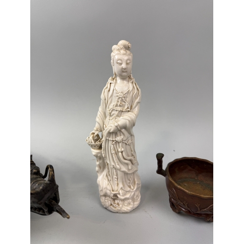 221 - A CHINESE BLANC DE CHINE FIGURE OF GUANYIN, A BRONZE DRAGON AND CENSER
Guanyin 25cm H