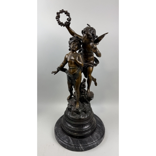 266 - AUGUSTE MOREAU (FRENCH 1834-1917): A LARGE BRONZE SCULPTURE DEPICTING TWO CUPIDS
On heavy marble sta... 