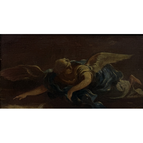 28 - MANNER OF LUCA GIORDANO (ITALIAN 1634-1705): AN OIL PAINTING ON PANEL DEPICTING AN ANGEL
30cm x 16cm... 