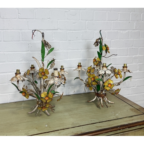 290 - A PAIR OF ITALIAN 1940S PAINTED TOLEWARE CHANDELIERS WITH FLOWERS
 
52 cm