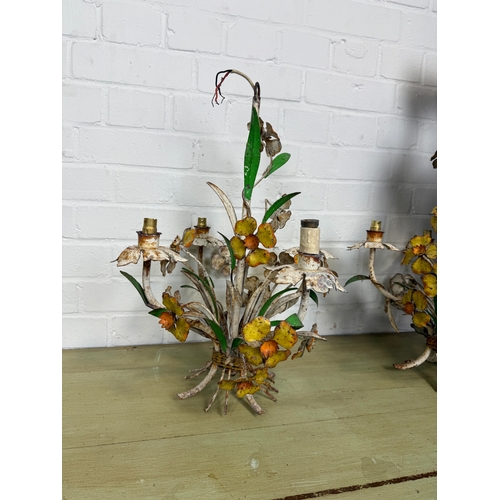 290 - A PAIR OF ITALIAN 1940S PAINTED TOLEWARE CHANDELIERS WITH FLOWERS
 
52 cm