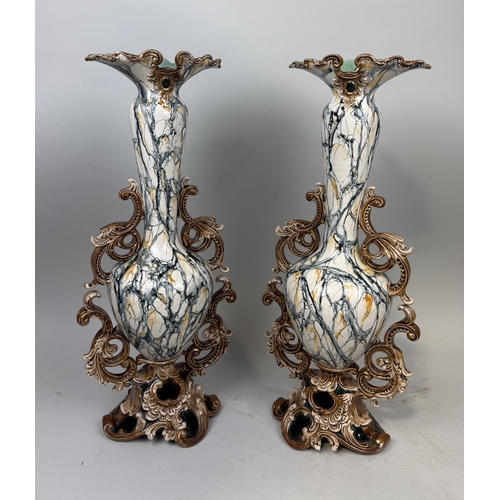 297 - WILHELM SCHILLER & SOHN, BOHEMIA: A PAIR OF LATE 19TH CENTURY TALL VASES DECORATED IN FAUX MARBL... 