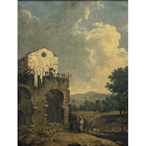 30 - A 19TH CENTURY OIL PAINTING ON BOARD DEPICTING AN ITALIANATE LANDSCAPE WITH FIGURES
28cm x 21cm
Fram... 