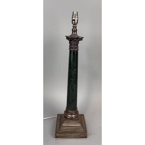 310 - A SILVER PLATED GREEN MARBLE CORINTHIAN COLUMN TABLE LAMP
58cm H