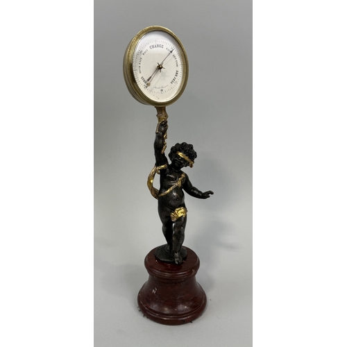 318 - A BRONZE PUTTI HOLDING A BAROMETER ON RED MARBLE BASE
35cm H
 