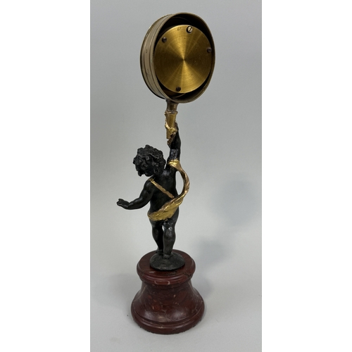 318 - A BRONZE PUTTI HOLDING A BAROMETER ON RED MARBLE BASE
35cm H
 