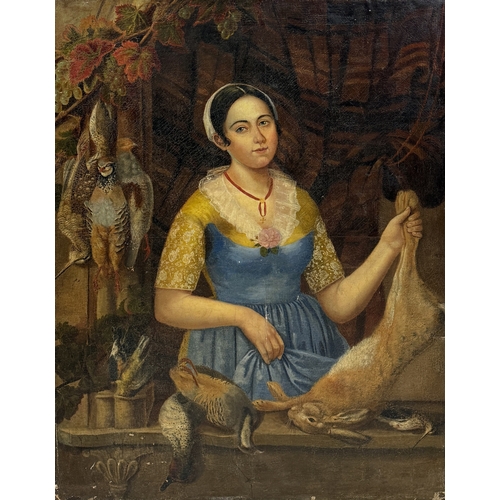 32 - OLD MASTER: AN OIL PAINTING ON CANVAS DEPICTING A GIRL WITH HANGING
128cm x 98cm
Provenance: Private... 