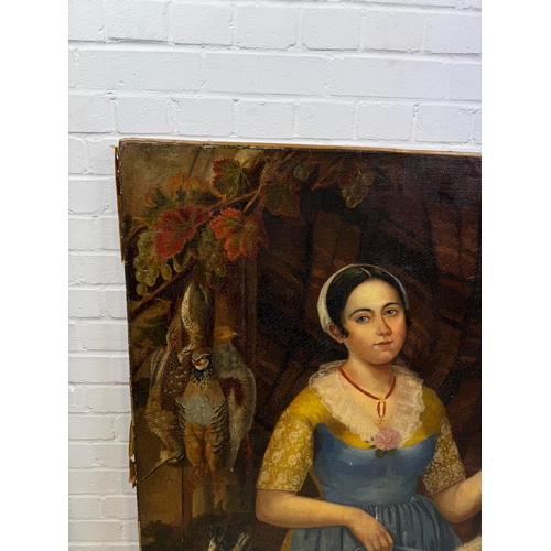 32 - OLD MASTER: AN OIL PAINTING ON CANVAS DEPICTING A GIRL WITH HANGING
128cm x 98cm
Provenance: Private... 