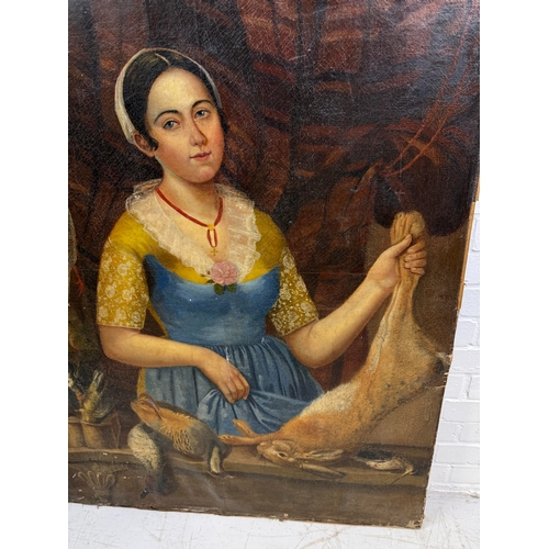 32 - OLD MASTER: AN OIL PAINTING ON CANVAS DEPICTING A GIRL WITH HANGING
128cm x 98cm
Provenance: Private... 