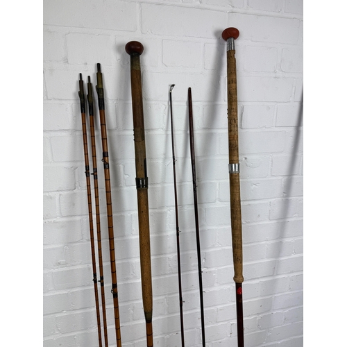 384 - TWO SETS OF ANTIQUE FISHING RODS TO INCLUDE HARDY BROS. OF ALNWICK AND J. SOMERS AND SON.