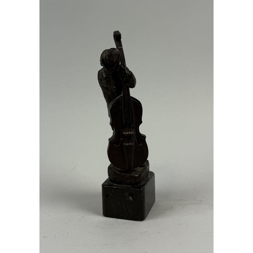 389 - A BRONZE SCULPTURE OF A FIGURE PLAYING A CELLO
Mounted on marble stand, 14cm H