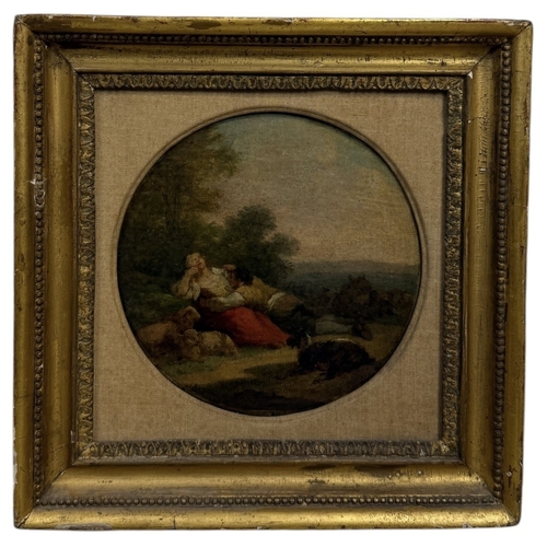 46 - ATTRIBUTED TO JULIUS CEASAR IBBETSON (1759-1817): AN OIL PAINTING ON PANEL DEPICTING LOVERS IN ARCAD... 