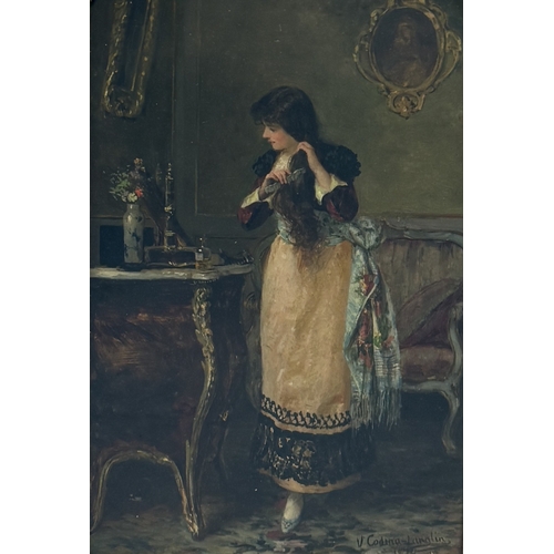 554 - VICTORIANO CODINA Y LANGLIN (SPANISH 1844-1911): AN OIL PAINTING ON PANEL DEPICTIYNG A LADY IN AN IN... 