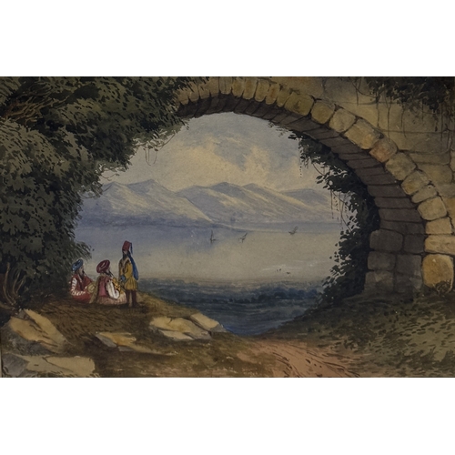 563 - WILLIAM PAGE (AMERICAN 1794-1872): A WATERCOLOUR PAINTING ON PAPER DEPICTING A STONE BRIDGE WITH AN ... 