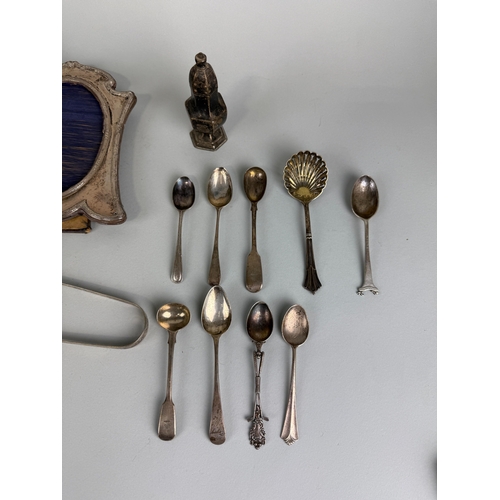 84 - SILVER ITEMS TO INCLUDE SPOONS, TONGS, PICTURE FRAMES
Total weight (excluding photo frames): 220gms... 