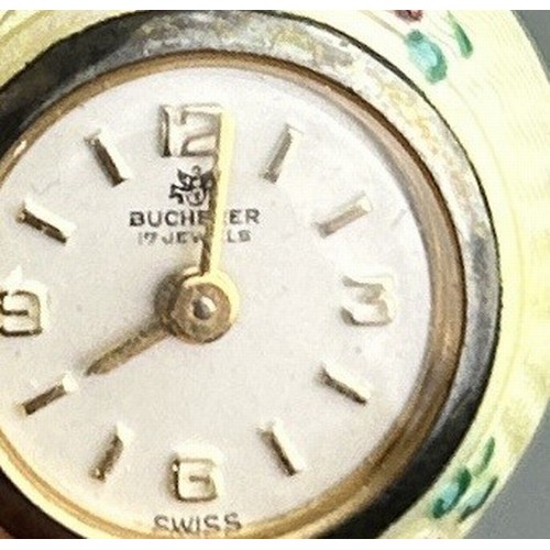 172H - A LADIES BUCHERER ENAMEL AND SILVER GILT FLORAL FOB WATCH