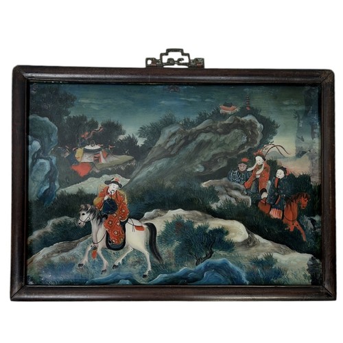 198A - A CHINESE EXPORT REVERSE GLASS PAINTING DEPICTING HORSES AND RIDERS

50cm x 35cm

Mounted in a rosew... 