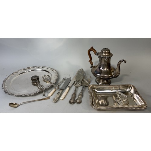 117A - SILVER PLATE TO INCLUDE AN EARLY SHEFFIELD TEA POT, SERVING DISHES, A TRAY AND MORE