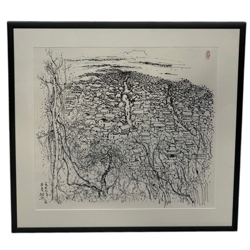 235 - WU GUANZHONG (CHINESE 1919-2010): A PRINT ON PAPER DEPICTING A TOWN
70cm x 64cm
Framed and glazed 89... 