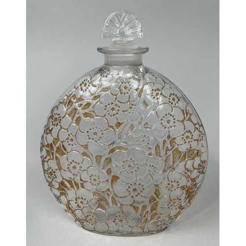 327A - RENE LALIQUE (FRENCH 1860-1945): A GLASS MOON FLASK WITH STOPPER, POSSIBLY A SCENT BOTTLE

23.5cm x ... 