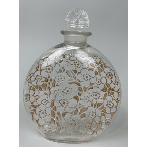 327A - RENE LALIQUE (FRENCH 1860-1945): A GLASS MOON FLASK WITH STOPPER, POSSIBLY A SCENT BOTTLE

23.5cm x ... 