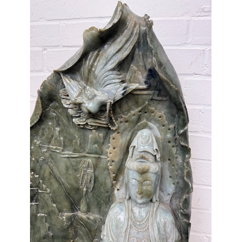 147 - A VERY LARGE CHINESE JADE OR JADEITE FIGURE OF A GUANYIN
100cm x 40cm
 