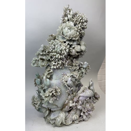 153 - AN EXCEPTIONAL CHINESE JADE OR JADEITE SCULPTURE DEPICTING AN ARCHAIC VASE WITH BIRDS, CHRYSANTHEMUM... 