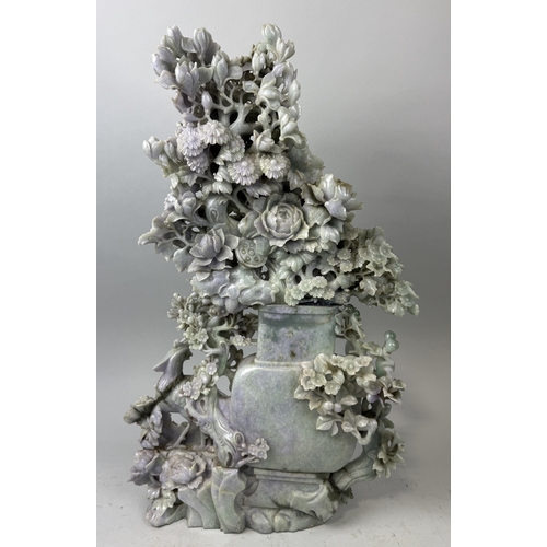 153 - AN EXCEPTIONAL CHINESE JADE OR JADEITE SCULPTURE DEPICTING AN ARCHAIC VASE WITH BIRDS, CHRYSANTHEMUM... 