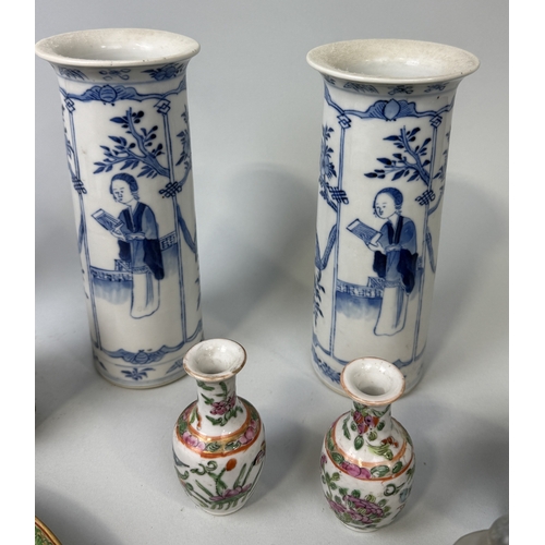 164 - A COLLECTION OF CHINESE ITEMS TO INCLUDE A PAIR OF 19TH CENTURY BLUE AND WHITE SLEEVE VASES
Vases 20... 