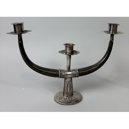 195 - A PAIR OF SILVER MOUNTED HORN CANDLESTICKS, PROBABLY SIAMESE OR THAI
29cm x 16cm each.