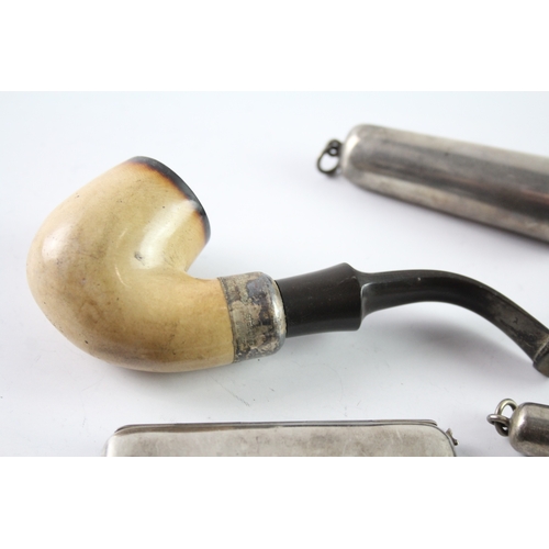 251 - FIVE .925 STERLING SILVER TOBACCIANA INCLUDING BANDED PETERSON'S PIPE
Weight: 146gms