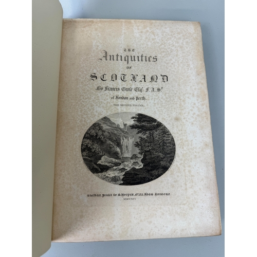 312 - FRANCIS GROSE: THE ANTIQUITIES OF SCOTLAND, VOL I AND II, BROWN LEATHER BOUND
Book 34cm x 25cm each.... 