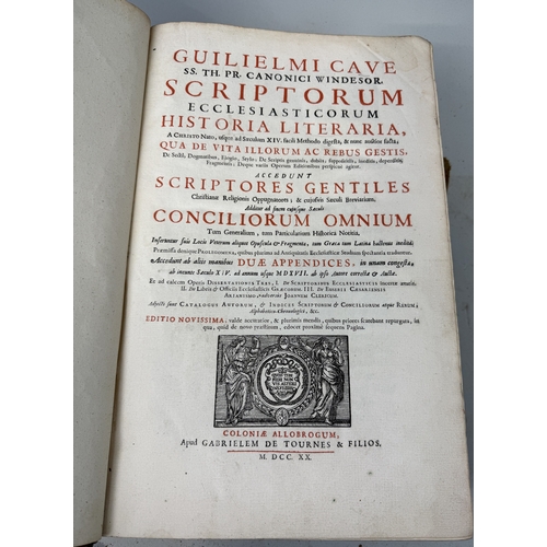 313 - THREE ANTIQUE LEATHER BOUND BOOKS: HUMPHREYS, ANTIQUITY EXPLAINED, WILLIAM CAVE, SCRIPTORUM, CAII PL... 