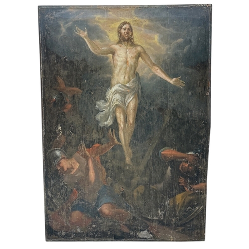 32 - A LARGE OIL PAINTING ON PANEL FROM THORNHILL CHURCH DEPICTING THE RESURRECTION OF CHRIST
128cm x 88c... 