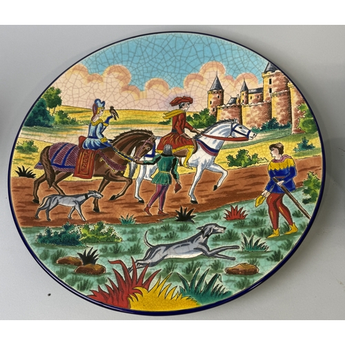 380 - A CHRISTIAN LECERCQ FOR LONGWY FAIENCE DISH, 'RETOUR DE CHASSE' AND A LONGWY TWO HANDLED PLATE, 'SCE... 