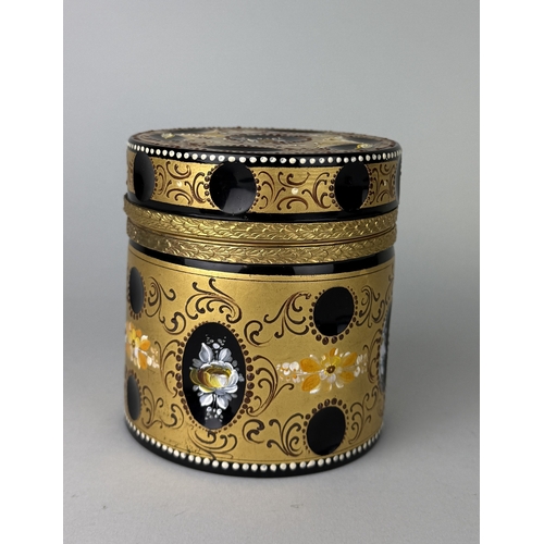 401 - AN OPALINE FERRO MURANO JAR WITH RISING LID
Decorated with gilt and painted flowers.